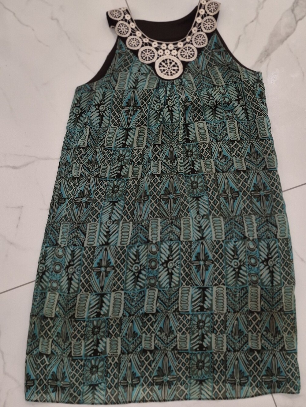Vintage Sleeveless Teal Printed Casual Dress with Decorative Neckline